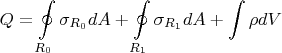 $$Q=\oint \limits_{R_0} \sigma_{R_0} dA+\oint \limits_{R_1} \sigma_{R_1} dA+\int \rho dV$$