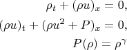 $$\begin{align}\rho_t + (\rho u)_x = 0,\\(\rho u)_t + (\rho u^2 + P)_x = 0,\\ P(\rho)=\rho^\gamma\end{align}$$