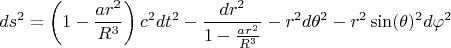 $$ds^2 = \left( 1 - \frac{a r^2}{R^3} \right) c^2 dt^2 - \frac{dr^2}{1 - \frac{a r^2}{R^3}} - r^2 d\theta^2 - r^2 \sin(\theta)^2 d\varphi^2$$