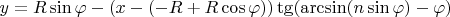$ y = R \sin \varphi - (x-(-R + R \cos \varphi))  \tg(\arcsin(n \sin \varphi) - \varphi)$