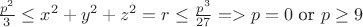 $\frac{p^2}{3}\le x^2+y^2+z^2=r\le \frac{p^3}{27}  => p=0 $ or $p\ge 9$
