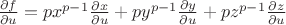 $\frac{\partial f}{\partial u}=px^{p-1}\frac{\partial x}{\partial u}+py^{p-1}\frac{\partial y}{\partial u}+pz^{p-1}\frac{\partial z}{\partial u}$