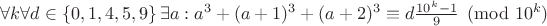$\forall k \forall d \in \left\lbrace0, 1, 4, 5, 9\right\rbrace \exists a : a^3 + (a + 1)^3 + (a + 2)^3 \equiv d \frac{10^k - 1}9 \pmod{10^k}$