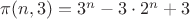 $\pi(n,3) = 3^n - 3 \cdot 2^n + 3$