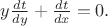$y\frac{dt}{dy}+\frac{dt}{dx}=0.$