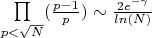 $\prod\limits_{p<\sqrt N}(\frac{p-1}{p})\sim\frac{2e^{-\gamma}}{ln(N)}$