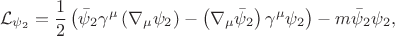 $$
\mathcal{L}_{\psi_{2}} =
\frac{1}{2} \left( \bar{\psi}_{2} \gamma^\mu \left( \nabla_{\mu} \psi_{2} \right) - \left( \nabla_{\mu} \bar{\psi}_{2} \right) \gamma^\mu  \psi_{2} \right) - m \bar{\psi}_{2} \psi_{2},
$$