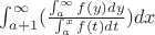 $\int_{a+1}^{\infty}( \frac{\int_{a}^{\infty} f(y) dy}  {\int_{a}^{x} f(t) dt} )dx$