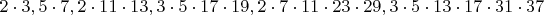 $$2\cdot 3, 5 \cdot 7, 2 \cdot 11 \cdot 13, 3 \cdot 5 \cdot 17 \cdot 19, 2 \cdot 7 \cdot 11 \cdot 23 \cdot 29, 3 \cdot 5 \cdot 13 \cdot 17 \cdot 31 \cdot 37 $$