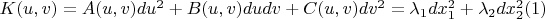 $K(u,v)=A(u,v)du^2+B(u,v)dudv+C(u,v)dv^2=\lambda_1 dx_1^2+ \lambda_2 dx_2^2\eqno(1) $