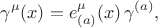 $$\gamma^{\mu}(x) = e^{\mu}_{(a)}(x) \, \gamma^{(a)},
$$