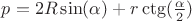 $p= 2R \sin(\alpha)+ r \ctg(\frac{\alpha}{2}) $