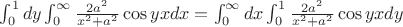 $\int_0^1 dy \int_0^\infty \frac{2a^2}{x^2 + a^2}\cos yx dx = \int_0^\infty dx \int_0^1 \frac{2a^2}{x^2 + a^2}\cos yx dy $