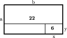 $\tikz[scale=.1]{
\draw [ultra thick]
(2,20)--(42,20)--(42,0)--(2,0)--(2,20);
\draw [thick] (30,7)--(30,0);
\draw [thick] (2,7)--(42,7);
\node at (21,11){\textbf{22}};
\node at (35,4){\textbf{6}};
\node at (0,10){\text{a}};
\node at (22,22){\text{b}};
\node at (36,-2){\text{x}};
\node at (44,3){\text{y}};
}$