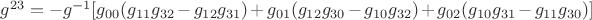 ${g^{23}} = {{-g}^{-1}}[{g_{00}}({g_{11}}{g_{32}} - {g_{12}}{g_{31}}) + {g_{01}}({g_{12}}{g_{30}} - {g_{10}}{g_{32}}) + {g_{02}}({g_{10}}{g_{31}} - {g_{11}}{g_{30}})]$