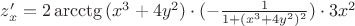 $z'_x=2\arcctg{(x^3+4y^2)}\cdot (-\frac{1}{1+(x^3+4y^2)^2})\cdot 3x^2$