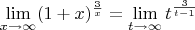 $$\lim\limits_{x \to \infty} (1+x)^{\frac{3}{x}} = \lim\limts_{t \to \infty} t^{\frac{3}{t-1}}$$