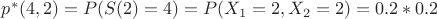 $p^*(4,2) = P(S(2) = 4) = P(X_1 = 2, X_2 = 2) = 0.2 * 0.2$