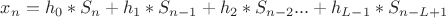 $x_n=h_0*S_n+h_1*S_{n-1}+h_2*S_{n-2} ... + h_{L-1}*S_{n-L+1}$ $x_n=h_0*S_n+h_1*S_{n-1}+h_2*S_{n-2} ... + h_{L-1}*S_{n-L+1}$