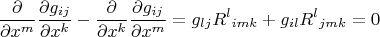 $$\dfrac{\partial}{\partial x^m}\dfrac{\partial g_{ij}}{\partial x^k}-\dfrac{\partial}{\partial x^k}\dfrac{\partial g_{ij}}{\partial x^m}=g_{lj}R^l{}_{imk}+g_{il}R^l{}_{jmk}=0$$