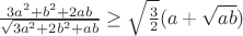 $\frac{3a^2+b^2+2ab}{\sqrt{3a^2+2b^2+ab}} \ge \sqrt{\frac{3}{2}}(a+\sqrt{ab})$