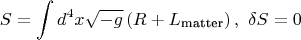$$ S = \int d^4 x \sqrt{-g} \left( R+ L_\text{matter} \right) , ~\delta S=0 $$