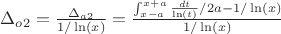 $\Delta_{o2}=\frac {\Delta_{a2}} {1/\ln(x)}=\frac {\int_{x-a}^{x+a}{\frac {dt} {\ln(t)}}/2a-1/\ln(x)} {1/\ln(x)}$