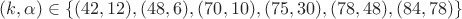 $(k,\alpha) \in \{(42,12),(48,6),(70,10),(75,30),(78,48),(84,78)\}$