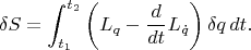 $$\delta S = \int_{t_1}^{t_2} \left(L_q - \frac{d}{dt}L_{\dot q}\right)\delta q\, dt.$$