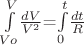 $\int\limits_{Vo}^{V}$$\frac{dV}{V^2}$=$\int\limits_{0}^{t}$$\frac{dt}{R}$
