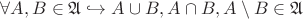$\forall A,B \in \mathfrak{A} \hookrightarrow A \cup B, A \cap B,  A \setminus B \in \mathfrak{A}$