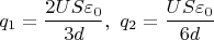 $$q_1=\frac{2US\varepsilon_0}{3d},\ q_2=\frac{US\varepsilon_0}{6d}$$