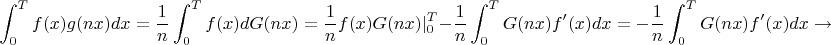 $$\int_0^T f(x)g(nx)dx=\frac{1}{n}\int_0^T f(x)dG(nx)=\frac 1n f(x)G(nx)|_0^T-\frac{1}{n}\int_0^TG(nx)f'(x)dx =-\frac{1}{n}\int_0^TG(nx)f'(x)dx\to 0$$