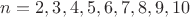 $n=2,3,4,5,6,7,8,9,10$