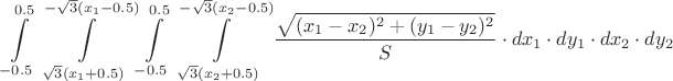 $$\int\limits_{-0.5}^{0.5}\int\limits_{\sqrt{3}(x_1+0.5)}^{-\sqrt{3}(x_1-0.5)}\int\limits_{-0.5}^{0.5}\int\limits_{\sqrt{3}(x_2+0.5)}^{-\sqrt{3}(x_2-0.5)}\frac{\sqrt{(x_1-x_2)^2+(y_1-y_2)^2}}{S}\cdot dx_1\cdot dy_1\cdot dx_2\cdot dy_2$$