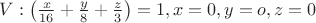 $V:\left(\frac{x}{16}+\frac{y}{8}+\frac{z}{3}\right)=1, x=0, y=o, z=0$