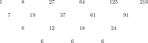 $
\begin{array}{сссссccccccccccccccс}
1&&&8&&&27&&&64&&&125&&&216\\ \\
&7&&&19&&&37&&&61&&&91&&&&\\ \\
&&&6&&&12&&&18&&&24&&&&\\ \\
&&&&&6&&&6&&&6&&&\\
\end{array} \right.
$