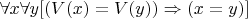 $\forall x \forall y [(V(x) = V(y)) \Rightarrow (x = y)]$