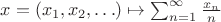 $x=(x_1,x_2,\ldots)\mapsto\sum_{n=1}^\infty\frac{x_n}n$