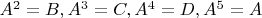 $A^2=B,A^3=C,A^4=D,A^5=A$