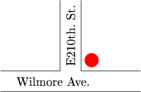\begin{tikzpicture}
\draw (-2,-.6)--(2,.-6);
\draw (-2,.0)--(-.3,0)--(-.3,2);
\draw (2,.0)--(.3,0)--(.3,2);
\fill [red] (.6,.3) circle (.2);
\node[rotate=90] at (-.,1) {E210th. St.};
\node at (-.5,-.3) {Wilmore Ave.};
\end{tikzpicture}