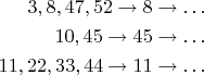 $$\align3,8,47,52\rightarrow8\rightarrow\ldots\\
10,45\rightarrow45\rightarrow\ldots\\
11,22,33,44\rightarrow11\rightarrow\ldots\end$$