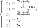 $
\left\{ \begin{array}{l}
x_1 = \frac {2t_1+4t_2} {3},\\
x_2 = - \frac {7t_1+14t_2} {3},\\
x_3 = \frac {2t_1+4t_2} {3},\\
x_4 = t_1,\\
x_5 = t_2,
\end{array} \right.
$