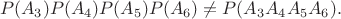 $$P(A_3)P(A_4)P(A_5)P(A_6)\ne P(A_3A_4A_5A_6).$$