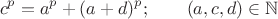 $$c^p=a^p +(a+d)^p;\qquad(a,c,d) \in \mathbb{N}$$