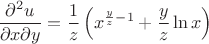 $$\frac{\partial^2 u}{\partial x\partial y}=\frac{1}{z}\left(x^{\frac{y}{z}-1}+\frac{y}{z}\ln{x}\right)$$
