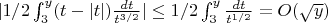 $|1/2\int_{3}^{y}(t-|t|)\frac{dt}{t^{3/2}}| \leq 1/2 \int_{3}^{y}\frac{dt}{t^{1/2}}=O(\sqrt{y})$