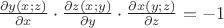$\frac{\partial y(x;z)}{\partial x}\cdot\frac{\partial z(x;y)}{\partial y}\cdot\frac{\partial x(y;z)}{\partial z}=-1$