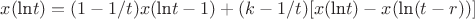 $x($ln$t)=(1-1/t)x($ln$t-1)+(k-1/t)[x($ln$t)-x($ln$(t-r))]$