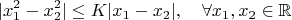 $$|x_1^2-x_2^2|\le K|x_1-x_2|,\quad \forall x_1,x_2\in \mathbb{R}$$